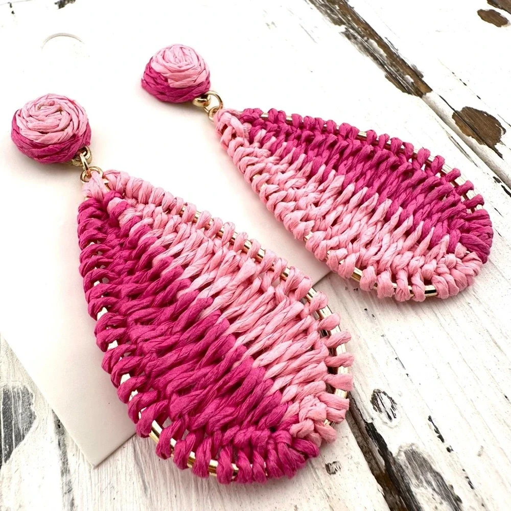 Raffia‎ BraidedTeardrop Earrings Pink Ombre NEW